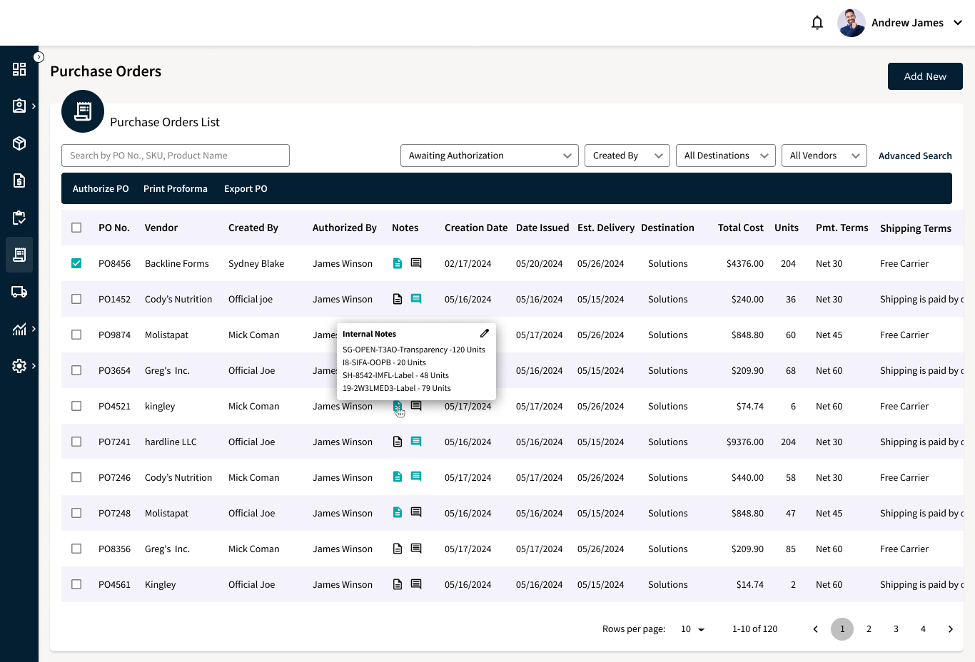 Purchase Orders - List - Awaiting Authorization